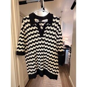 H&M Black & White Zig-Zag Crochet Knit Polo - Large